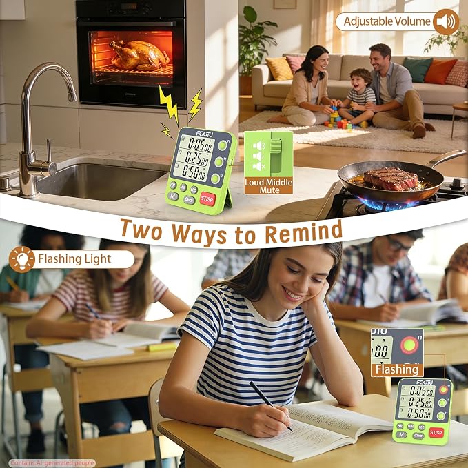 Digital Dual Kitchen Timer, Multi-Channel Magnetic Countdown for Cooking | 3Groups Triple Independent Countup Timer, Memory Presets, Loud Alarm & Mute, Large Display, 3A Battery & Stand Included