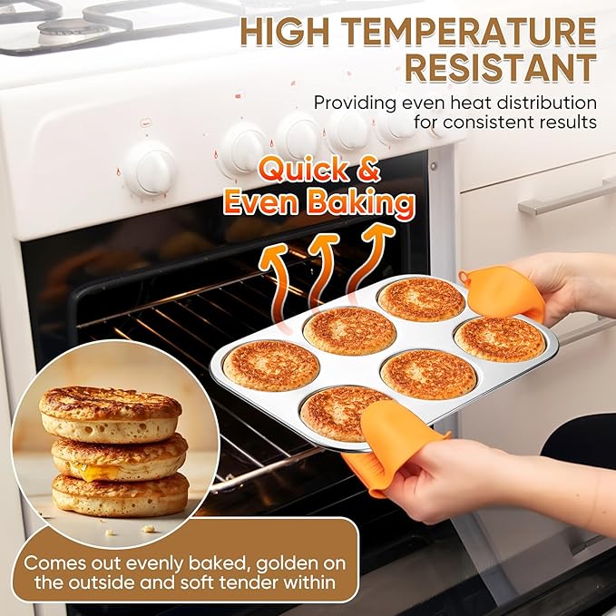 TeamFar Muffin Top Pan, 6 Cavity Stainless Steel Shallow Cupcake Pan | Muffin Tin for Baking Yorkshire Pudding, Whoopie Pie, Egg Bite, Hamburger Bun, Non Toxic & Dishwasher Safe