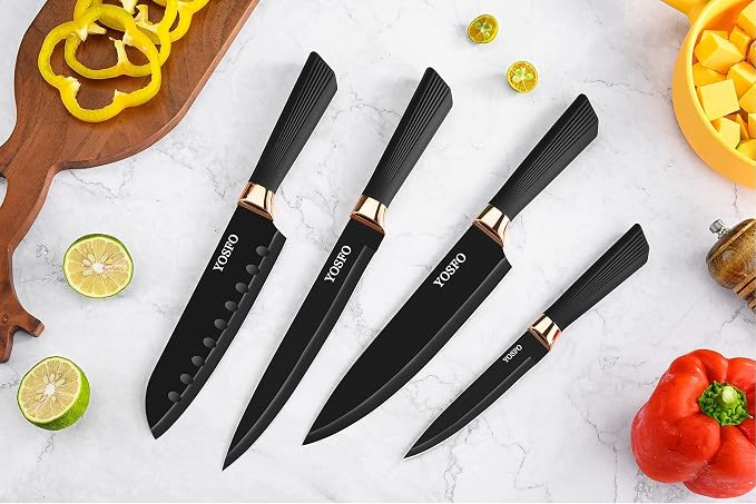 Kitchen Knife Set with Block, Knives Set with Acrylic Stand, 17Pcs Stainless Steel Cutlery Knife Block Set includes Serrated Steak Knives Set, Chef Santoku Knives, Scissor, Sharpener and Holder
