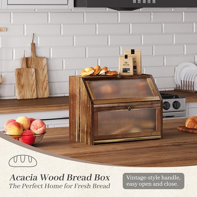 Kitsanery Bread Box for Kitchen Countertop, Acacia Wood Bread Storage Container, 2 Layer Large bread holder, Pantry Organizers, Corner Vintage Decor