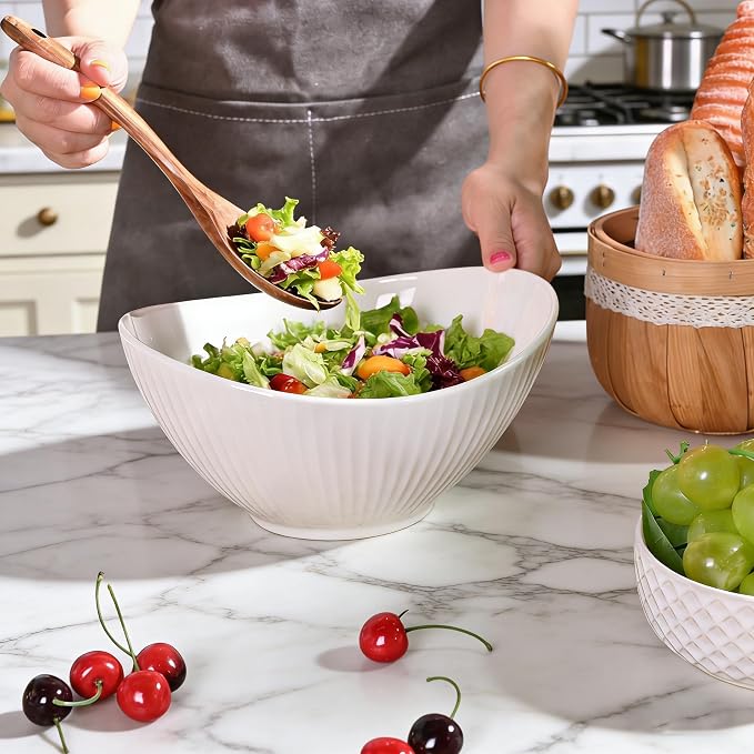 60oz Large Ceramic Salad Bowl with Acacia Wood Utensils, 10" Oval White Serving Bowl for Soup, Pasta, Fruit, Snacks – Mixing Bowls for Entertaining, Party, Kitchen, Dinner – Housewarming Gift
