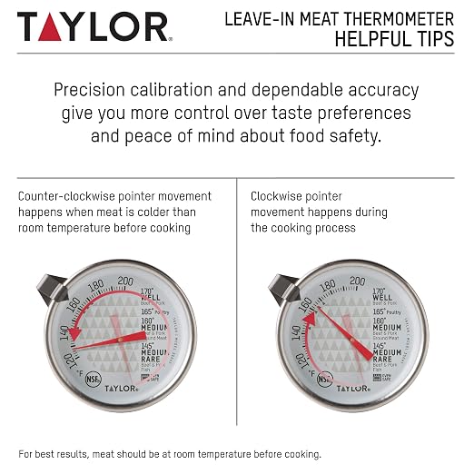 Taylor Leave-in Meat Oven Safe Analog Dial Meat Food Grill BBQ Kitchen Cooking Thermometer, 2 inch dial, Stainless Steel