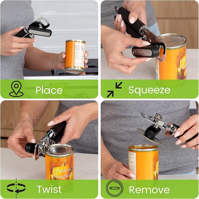 Spring Chef Stainless Steel Manual Can Opener with Soft Grip Handles, Black | Heavy Duty Hand Can Opener for Seniors with Smooth Edge, Easy Turn, 3in1 Can Opener with Magnetic Lid Remover & Bottle Opener
