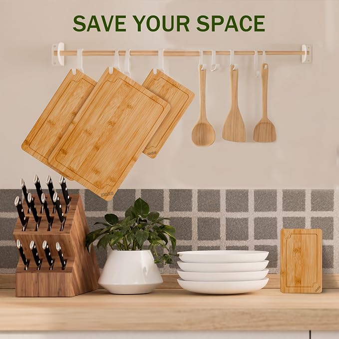 4-Piece Bamboo Cutting Board Set Serving Tray Juice GroovesHandles | Ideal for Meat Vegetables Fruit,Easy Storage & Quick Clean,Natural Wood Construction,Dual-Purpose as Serving Tray