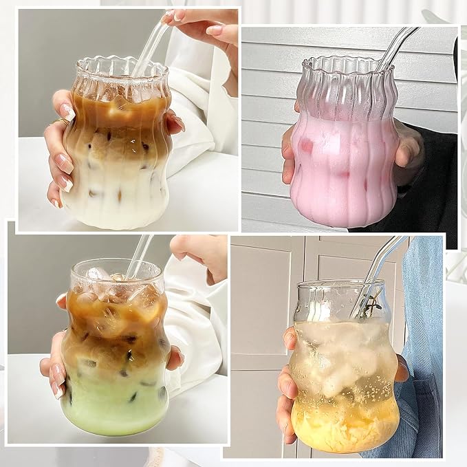 2 Pcs Ribbed Glass Cups 18 Oz Vintage Drinking Glassware Ripple Cocktail Glasses for Iced Coffee Juice Beverage Milk