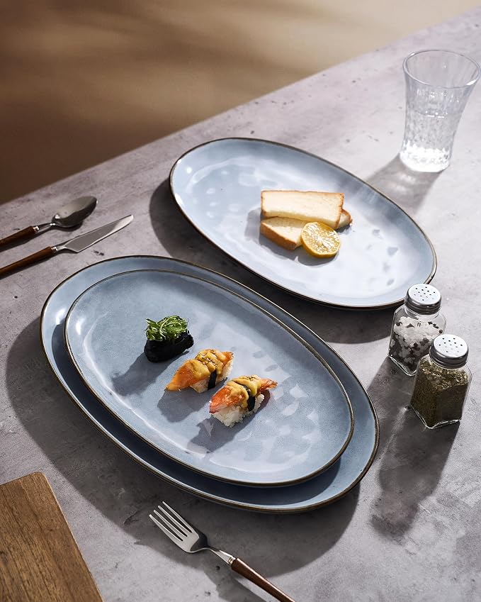 famiware Serving Platters Set of 3 Sizes - Oval, Blue | 15.59"/14.3"/12.9" Fine Stoneware Serving Trays for Party, Entertaining for Food, Turkey, Cheese, Microwave Dishwasher Safe