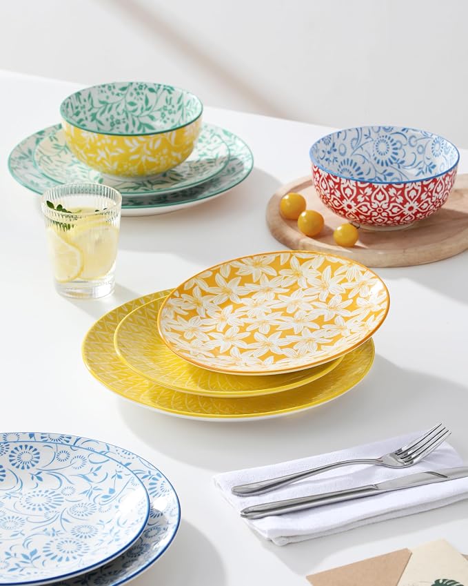 vancasso SELENE Plates and Bowls Set for 4, 12 Pieces Dinnerware Sets, Mircowave and Dishwasher Safe Dishes Set, Porcelain Pastel Dinnerware