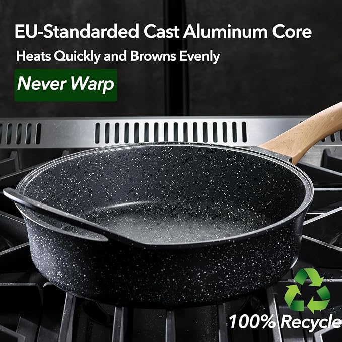 Nonstick Deep Frying Pan with Lid, 5.3 QT Swiss Granite Coating Sauté Pan, 13 Inch Healthy Non Stick Skillet Cooking Pan and Helper Handle with Silicone Cover, PFOA Free, Induction Ready.