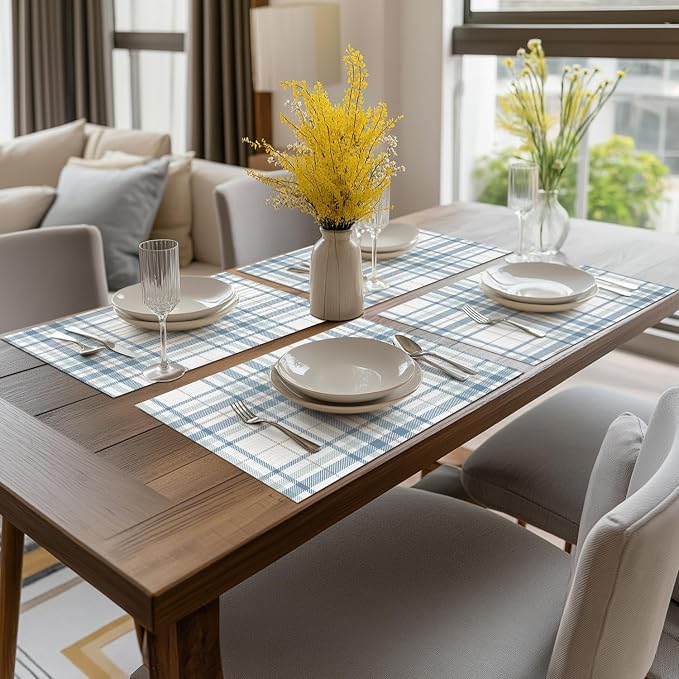 Artoid Mode Buffalo Plaid Vinyl Placemats Set of 4, 12x18 Inch Washable Non-Slip Heat Resistant Plastic Place Mats for Party Dining Table, White/Blue