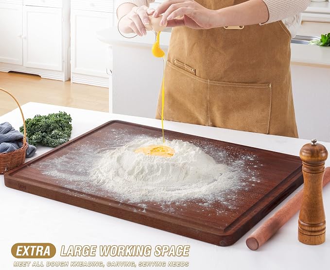 XXL Large Edge Grain Walnut Wood Cutting Board for Kitchen 24x18 in | Juice Groove Handles, Non-slip Mats,Thick Reversible Butcher Block, Cheese Charcuterie Board