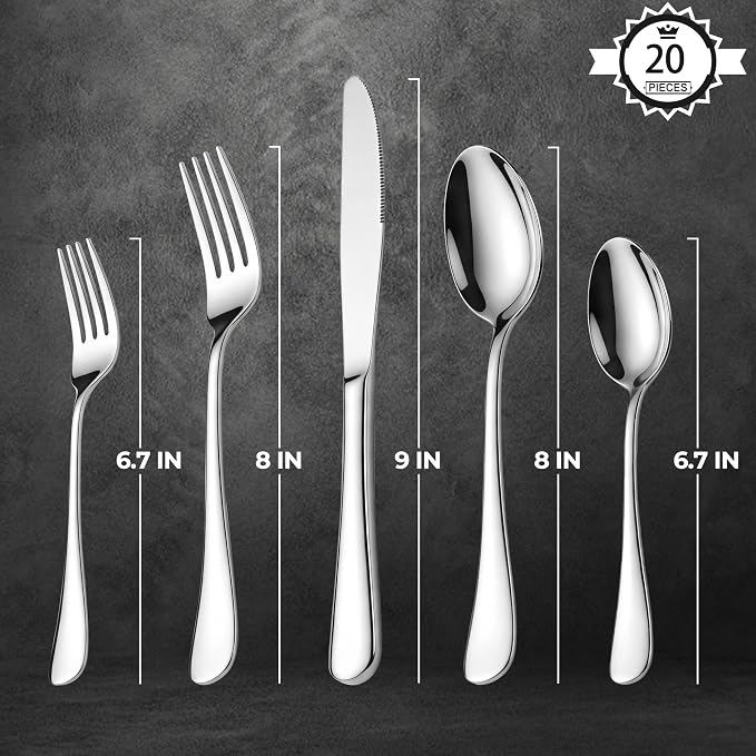 LIANYU 20 Piece Silverware Flatware Set, Stainless Steel Cutlery Set for 4 | Eating Utensils Set, Include Knife Fork Spoon, Mirror Polished, Dishwasher Safe