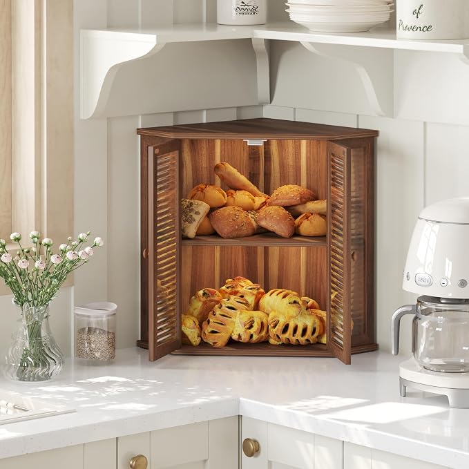 Corner bread box Bread Box for Kitchen Countertop - Corner Bread Storage Box 16.51" H, Premium Wood with Glass Door, Perfect for Homemade Bread, Baguettes & Pastries (Acacia brown)