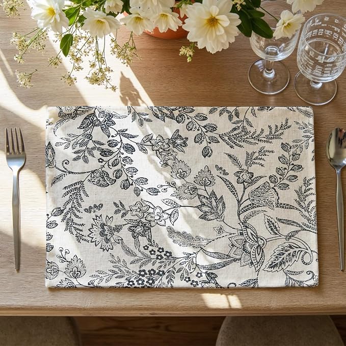 JINCHAN Linen Floral Placemats Set of 4 Farmhouse 13x19 Inch Black | Fabric Placemats, Cottage Style, Vintage Botanical Pattern, Machine Washable, Easy to Store, Reusable