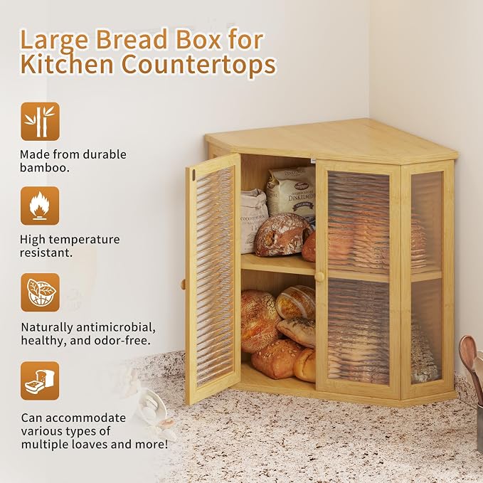 Extra Large Corner Bread Box for Kitchen Countertop, 16.5 inch Bamboo Double Layer Bread Storage with Glass Wavy Door Panel, Eco-Friendly and Stylish Design(Bamboo)