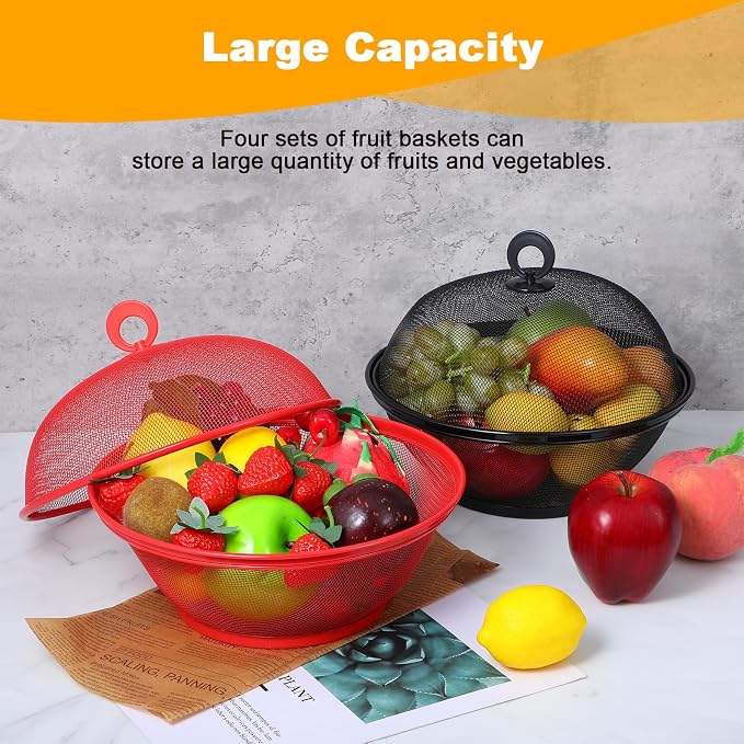 4 Pcs Mesh Food Cover with Lid, 10 Inch Iron Fruit Basket Fly Proof Strainer, Black and Red Metal Wire Container for Kitchen Countertop, Restaurant, Fruit Vegetable Storage