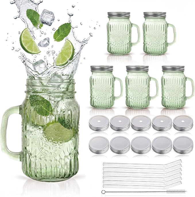 DaYammi 6 Pack Mason Jars Cups with Lids and Straws, Green, 16 ounces | Vintage Drinking Glasses, Leak Proof Iced Coffee Cups for Daily Use & Party