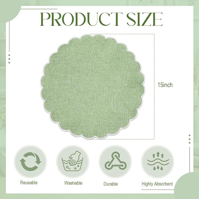 Set of 6 Sage Green Cotton Placemats 15" Round Scalloped White | Double Layered Cotton Fabric, Washable Embroidery, White Edge Edge, Rustic Table Mats for Wedding Dining Table Decor