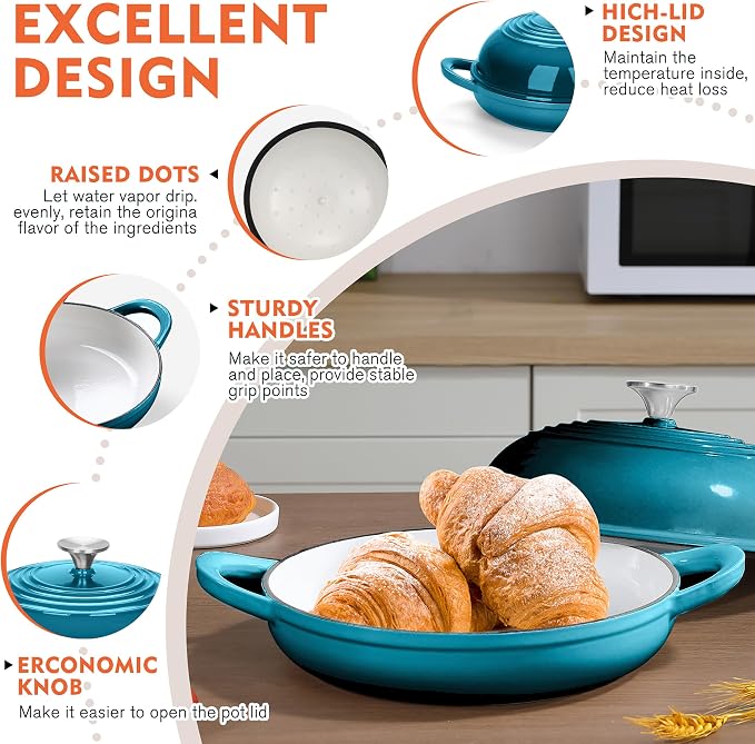 6 QT Enameled Cast Iron Round Bread Oven, Sourdough Dutch Oven | Bread Oven for Homemade Sourdough Bread Baking, Bread Pot with Dome Lid, Gift for Sourdough Baker, 500°F Oven Safe, Bluegreen