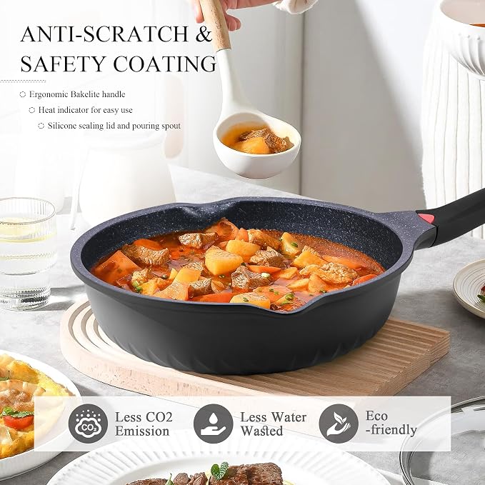Vinchef 11 Inch/5QT Durable Deep Nonstick Skillet with Lid, Black | deep frying pan,heat indicator.Anti-scratch, anti-stain, induction-compatible, easy clean, ideal for sautéing & frying.