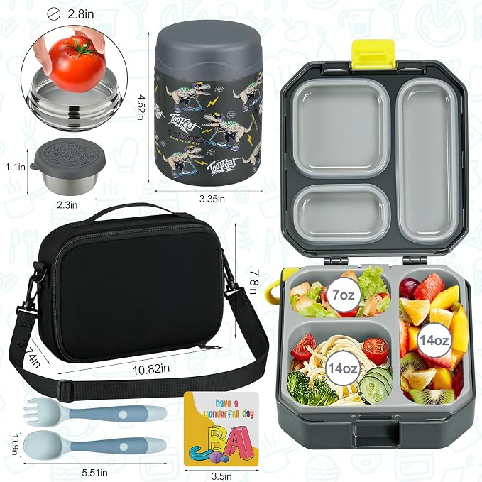 wiwens Bento Lunch Box for Kids with 12oz Soup Thermo Leak-Proof Lunch Food Container with 5 Compartment Thermo Hot Food Jar and Insulated Lunch Bag for Kid Toddler Girls Boys to School