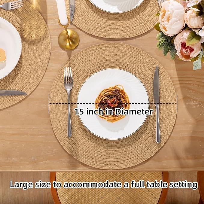 SHACOS Round Placemats Set of 8 Washable 15 inch Round Placemat Cotton Polyester Woven Braided Table Place Mats for Dining Table Decor, Camel