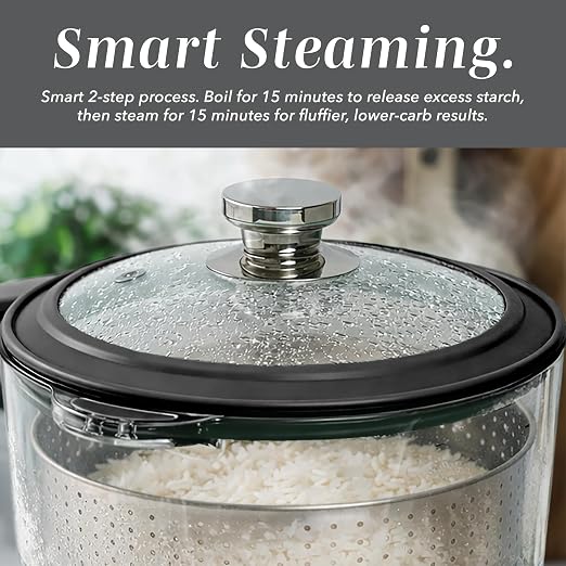 COOK WITH COLOR Glass Mini Low Carb Rice Cooker – Holds 2 Cups Raw/Makes 6 Cups Cooked with Auto Lift Filter Basket, Hotpot & Steamer for Rice, Grains, Digital Panel with Keep Warm, Black