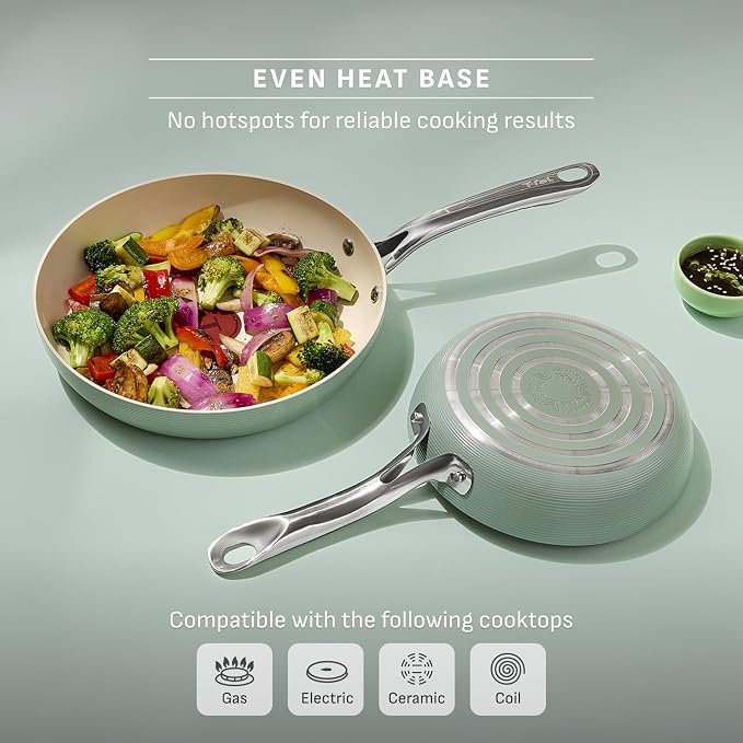 T-Fal Inspire Ceramic Nonstick Frying Pan 2-Pc Set, 8" & 10", Oven Broiler Safe up to 50°F Cookware, Ceramic Frying Pan Skillet, Pots & Pans, Mint Green