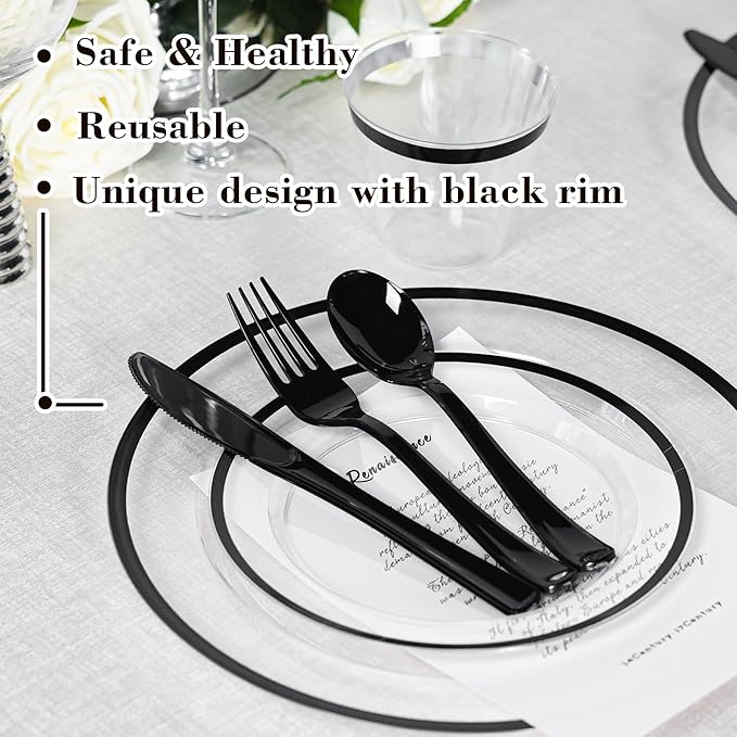 600PCS Clear Black Plastic Plates, Disposable Dinnerware Set for Party | 100 Guest, 100 Dinner & Dessert Plates, Forks, Spoons, Knives, Cups, Black Rim, for Halloween Graduation Labor Day