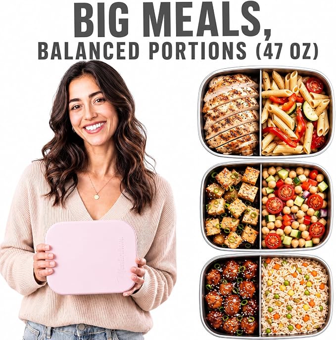 Flexibento - Leak proof 47 OZ Stainless Steel Lunch Box Containers with Silicone Lids, Bento Box,Metal lunch Box, Pink-47 OZ-Set Of 2