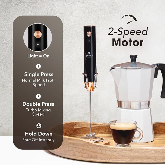 Zulay Kitchen Rechargeable Milk Frother Handheld - Frother Wand, Drink Mixer, Electric Whisk Frother, for Cappuccinos, Matcha & Protein Powder - Lux 4 Whisk 2 Speed Waterproof 2000mAh Black Copper