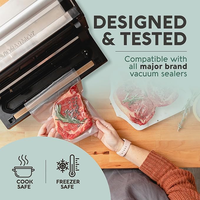 Avid Armor Food Vacuum Sealer Bags – 100-Pack, 8x12” Quart Freezer Bags | Clear Food Storage Bags with Deep Embossed Airtight Suction – Heat Resistant, Non-BPA Meal Prep Bags with Easy Tear Notch
