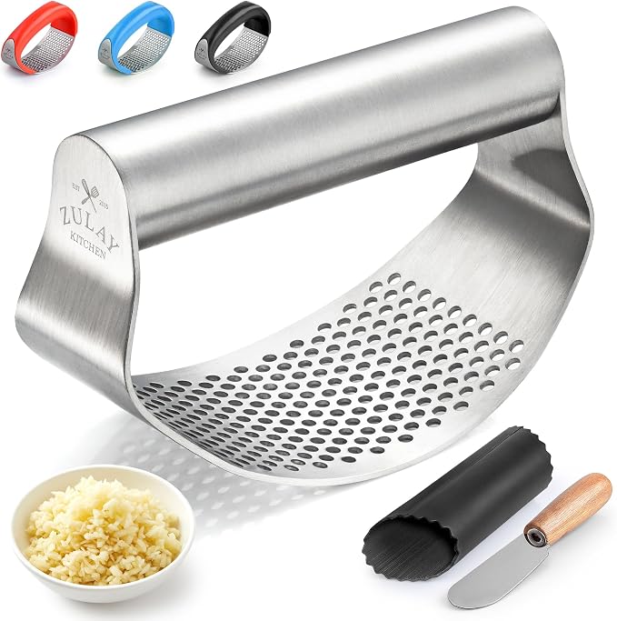 Zulay Kitchen Stainless Steel Garlic Press Rocker Set - Time Saving, Durable Strong Garlic Mincer Tool - Easy to Use & Clean Garlic Crusher Set with Peeler and Scraper Kitchen Gadget Smasher