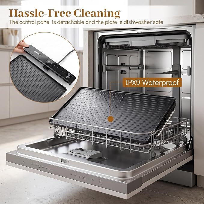 COSTWAY Electric Grill w/Removable Touch Panel, 1300W Indoor Griddle w/Adjustable Temperature, Fast Even Heating, Cool-Touch Handles & Foldable Legs, Dishwasher Safe IPX9 Waterproof Nonstick Plate
