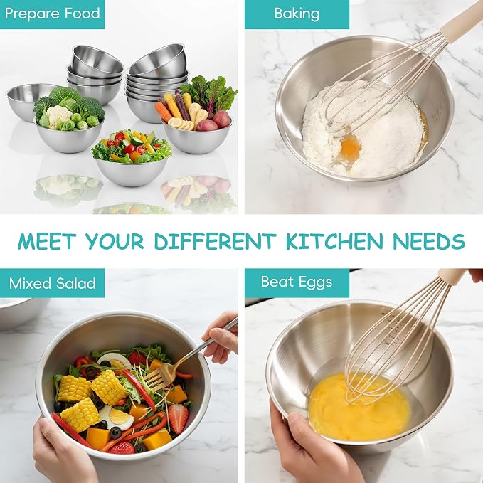12 Pcs 304 Stainless Steel Mixing Bowls with Graduations, Metal Serving Salad Bowls, Reusable Baking Food Storage Containers for Baking, Cooking, Making Salads, Soups, Ice Cream, Noodles, cereal