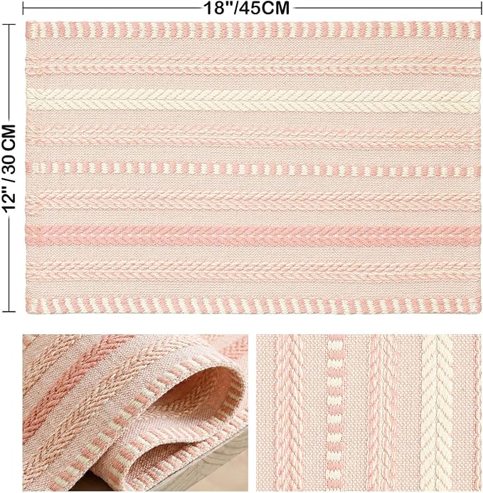 Artoid Mode Pink Farmhouse Woven Braided Stripe Placemats Set of 6,12x18 Inch Seasonal Holiday Table Mats Party Kitchen Dining Decoration