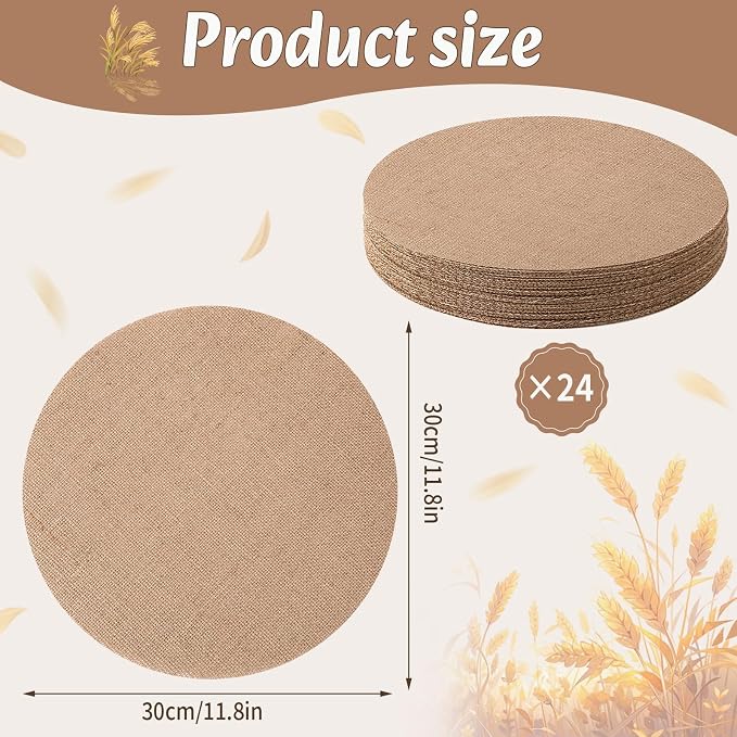 24 Pcs 11.8 Inch Burlap Round Placemats Bulk, Natural Table Mats | Jute Fiber Placemats, Heat Resistant Non Slip, Holiday Weddings Birthday Party, Kitchen Dining Table Decorations