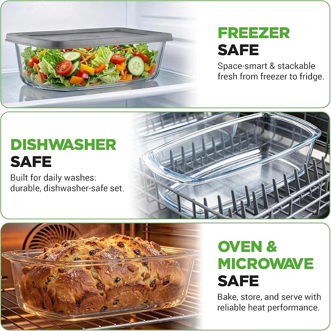 NutriChef 4 Piece Glass Loaf Pan Set with Lids - Stackable 1.9 QT/62oz Glass Bread Baking Dishes - 2 Food Storage Containers + 2 Airtight Lids, Oven & Microwave Safe, Dishwasher Safe - Clear