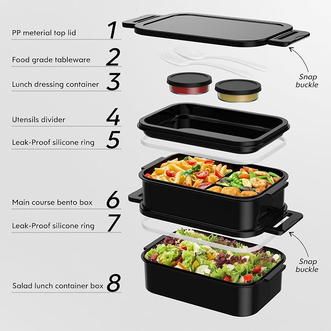 Adult Bento Box Lunch Box - Large Style Stackable Bento Lunch Box for Adults, 72oz All-in-One 3 Layers Bento Boxes Leak-Proof Lunchbox with Utensil Sauce Containers for Dining Out,Work, Black
