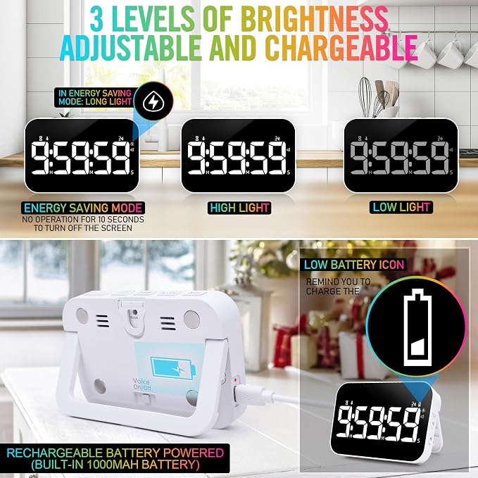 Kitchen Timer for Cooking, Rechargeable Digital Magnetic Timer with Large LED Display, Loud Alarm, Sound Countdown, 4 Volume Levels and 3 Brightness for Classroom, Study (White)