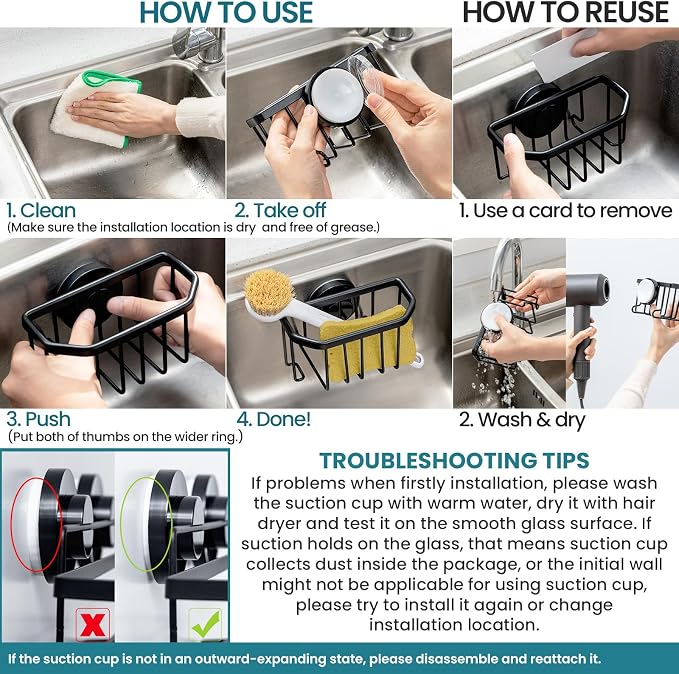 TAILI Sponge Holder for Kitchen Sink with Suction Cup-Black Aluminum | Rustproof Aluminum Sink Caddy for Sponges,Brushes,Stoppers & Scrapers,Removable Ventilated Quick-dry Design, holds Up 11lbs