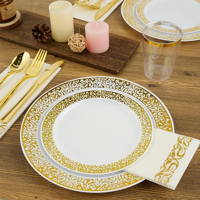 FOCUSLINE 350 Ct Gold Dinnerware Set for 50 Guests, Gold Lace Plastic Plates Disposable Heavy Duty, Including 50 Dinner & Dessert Plates, Cups, Napkins, Cutlery Set