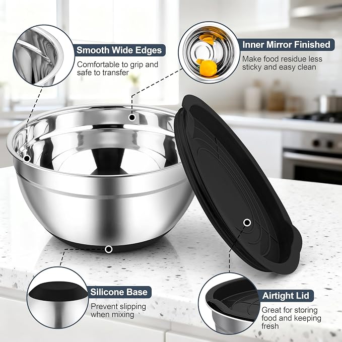 TeamFar Mixing Bowls, Stainless Steel Salad Bowls with Lids - Black | Nesting Bowls with Non-slip Bottom, for Kitchen Baking Preparing Serving, Stackable & 6PCS - 4.6 /2.6 /2 / 1.5 /1 / 0.7 Qt
