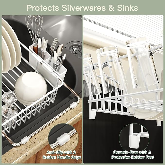 White Dish Drying Rack Over Sink with Utensil Holder, Drainboard | Expandable Stainless Steel Dish Drainer for Small Kitchen, Apartment, RV, Counter Space Saving, Perfect Fit, Rustproof