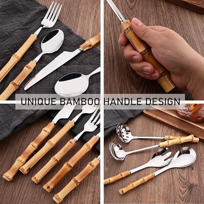 Bamboo Handle Silverware Set, 24-Piece Flatware Set for 6, Stainless Steel Cutlery Eating Utensils Include Forks Spoons and Knives for Daily Use and Party, Reusable and Modern Design