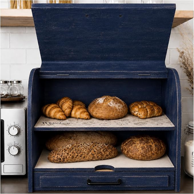 KNIFEPLANET Premium FULLY ASSEMBLED Modern Blue Bread Box – Extra Large Real Wood Bread Box for Kitchen Countertop Storage, Thick Durable Construction, Double Layer Design (17.5" x 10" x 12")