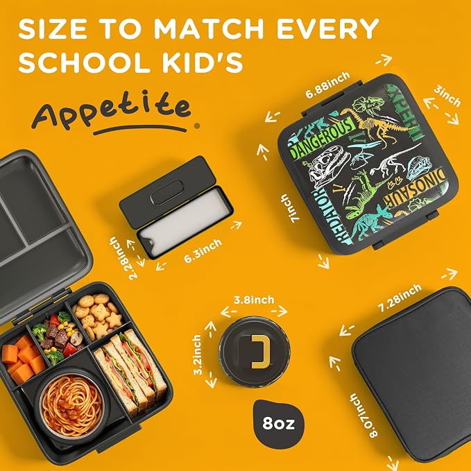 JXXM Bento Lunch Box for Kids With 8oz Soup thermo,Leak-proof Lunch Containers with 5 Compartment,thermo Food Jar and Lunch Bag, Food Containers for School (A-Black(Dinosaur Fossil))