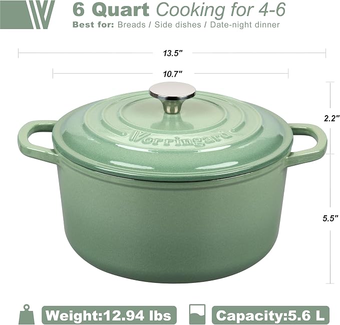 Enameled Cast Iron Dutch Oven Pot with Lid, for Sourdough Bread Baking, Round Dutch Ovens, 6 Quart, Sage green