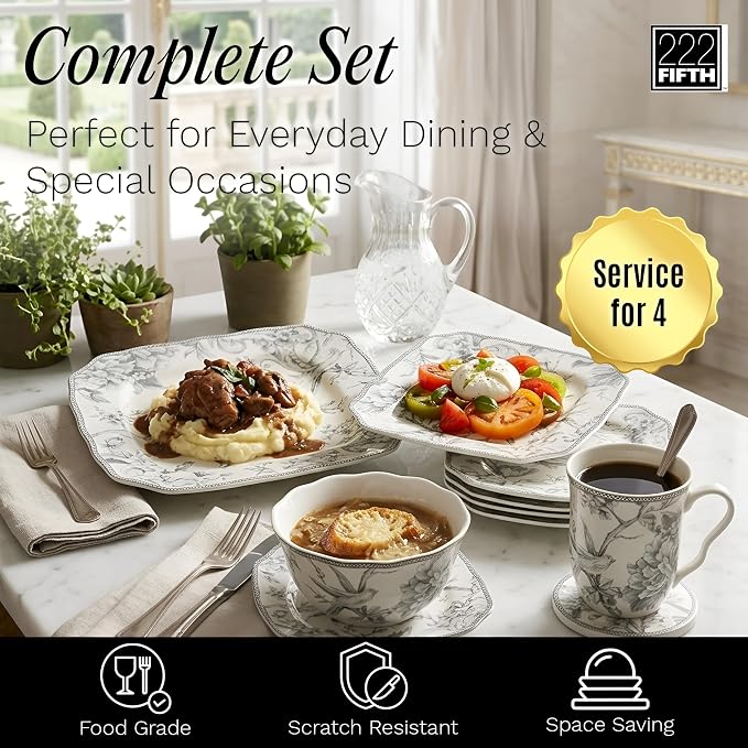 222 Fifth Adelaide Grey 16-Piece Floral Porcelain Dinnerware Set | Microwave and Dishwasher Safe Dining Set for 4 | Stackable and Chip-Resistant Plates Bowls and Cups | Gift for Housewarming & Wedding