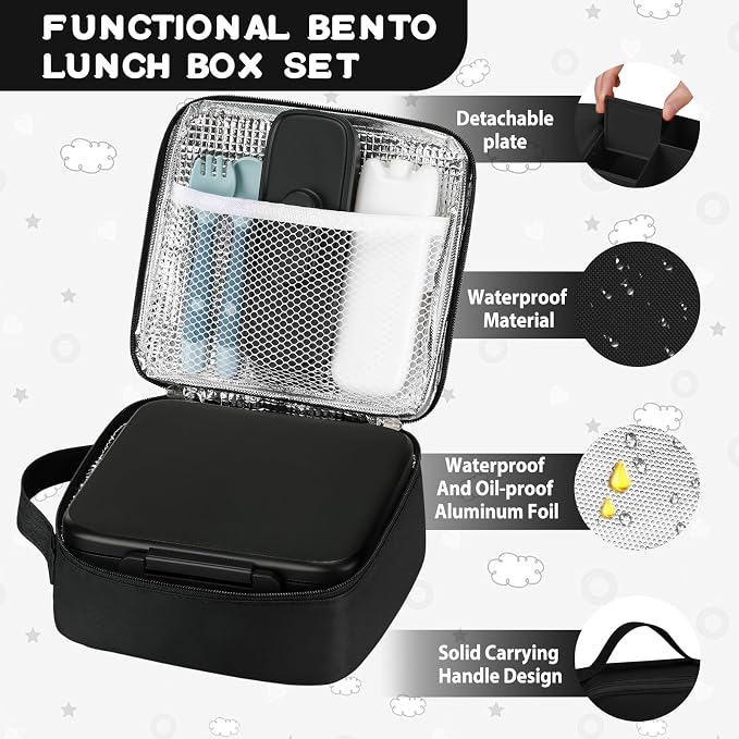 MAISON HUIS Bento Lunch Box with 8oz Soup Thermo and Insulated Lunch Bag, Kids Leakproof Lunch Food Containers with 5 Compartment, Boys Girls Thermo Hot Food Jar for Travel, School, BPA Free (Black)