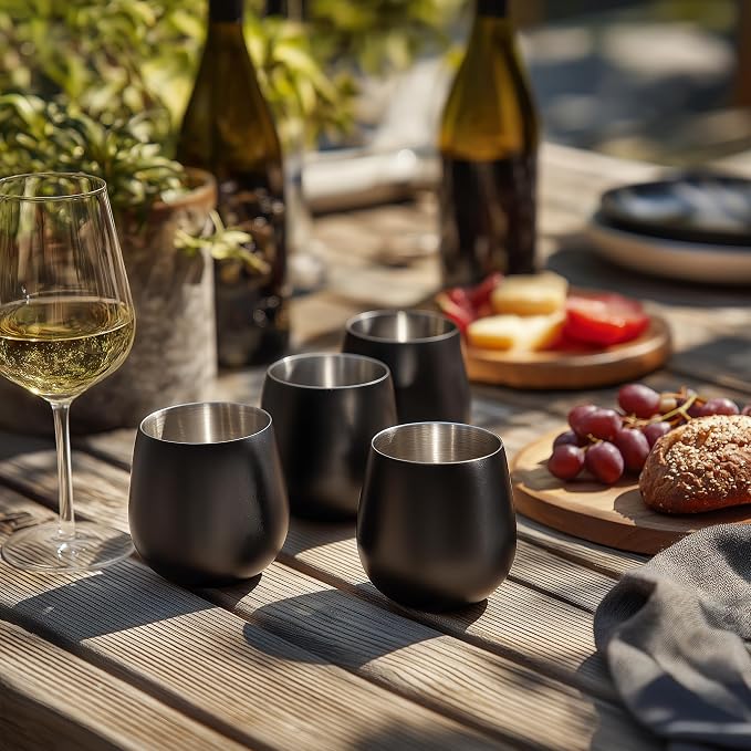 K&K Home Stainless Steel Unbreakable Stemless Wine Glasses - 15 oz - Set of 4 Colored, Stemless Metal Wine Glasses Perfect for Outdoors, Weddings, and Parties (Black)